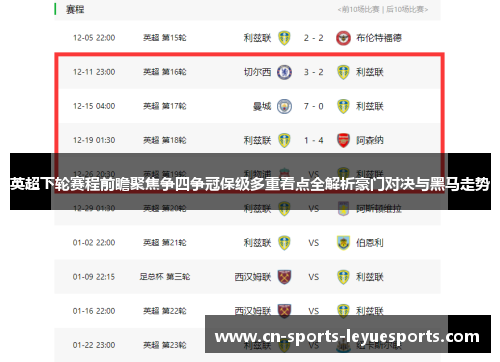 英超下轮赛程前瞻聚焦争四争冠保级多重看点全解析豪门对决与黑马走势